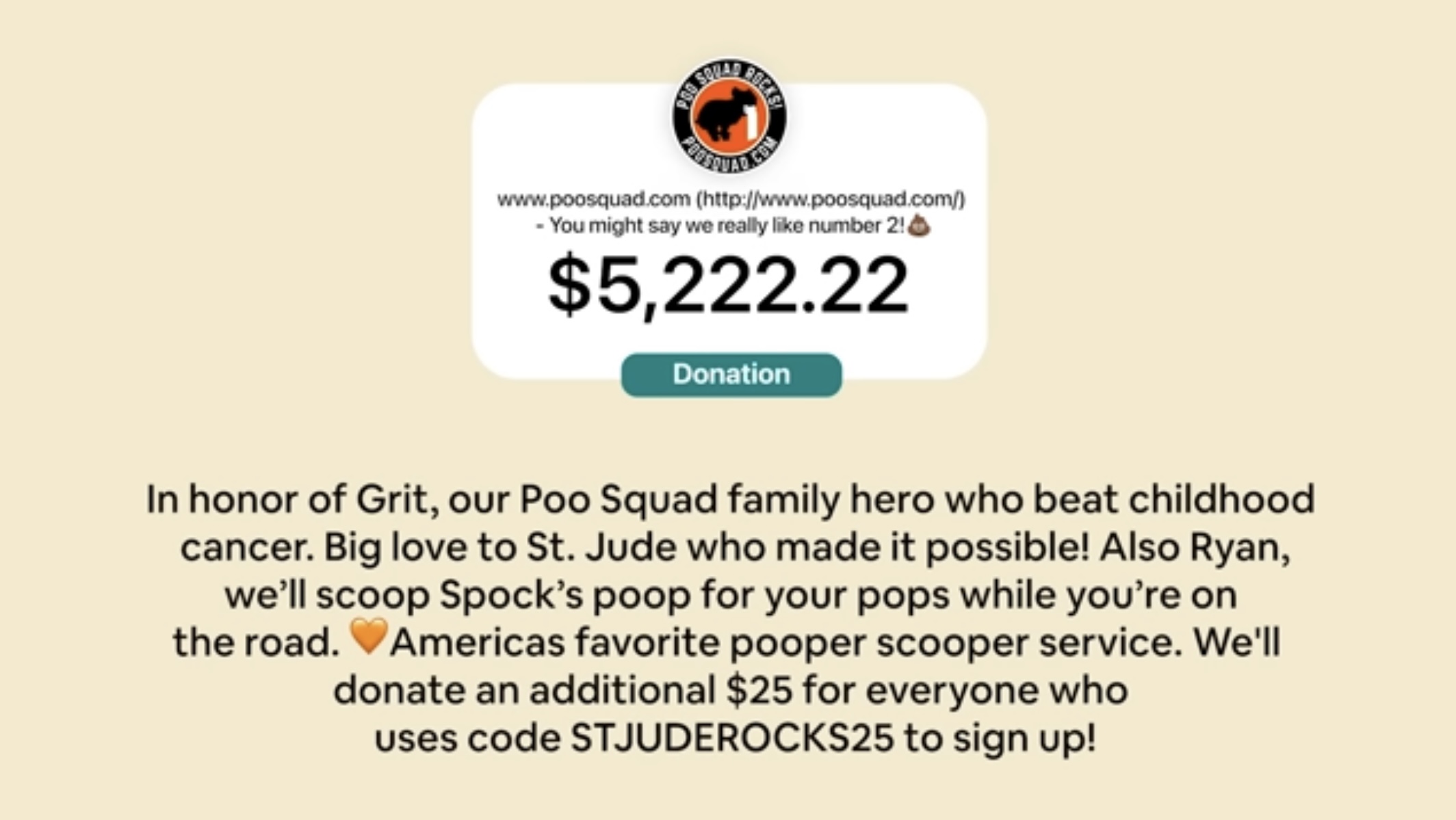 Poo Squad announces Dog Poop Fundraiser? Poo Squad Extends St. Jude Fundraiser After Ryan Trahan Shoutout — Honoring Team Member’s Son ‘Grit,’ a Childhood Cancer Survivor, with $25 Donations for Every New Signup Using STJUDEROCKS25