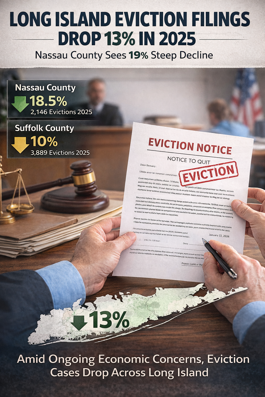 Long Island Eviction Filings Drop 13% Despite Economic Pressures—But Suffolk County Landlords Still Face 70% Higher Risk