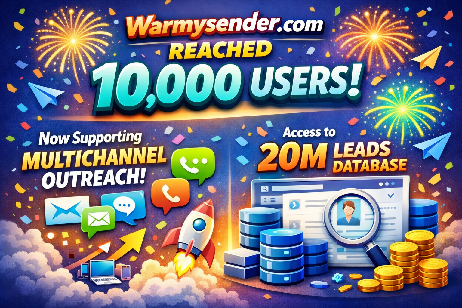 Warmysender Reached 10000 Users, Now Support Multichannel Outreach and 20M Leads Database