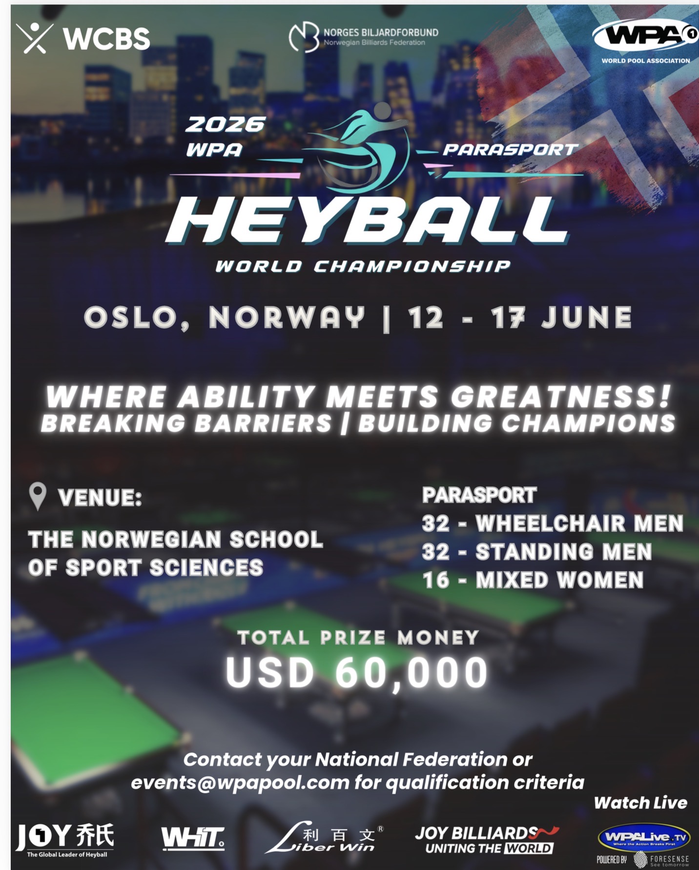 WPA Junior & Parasport Heyball World Championships 2026 Unite Global Youth and Elite Athletes in Oslo