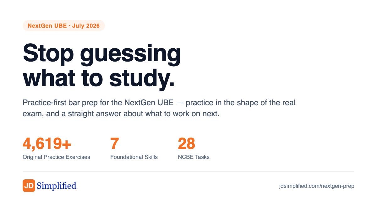 The Bar Exam Now Scores How You Apply the Law. JD Simplified Launches NextGen Prep — Practice-First Bar Prep for the NextGen Era.
