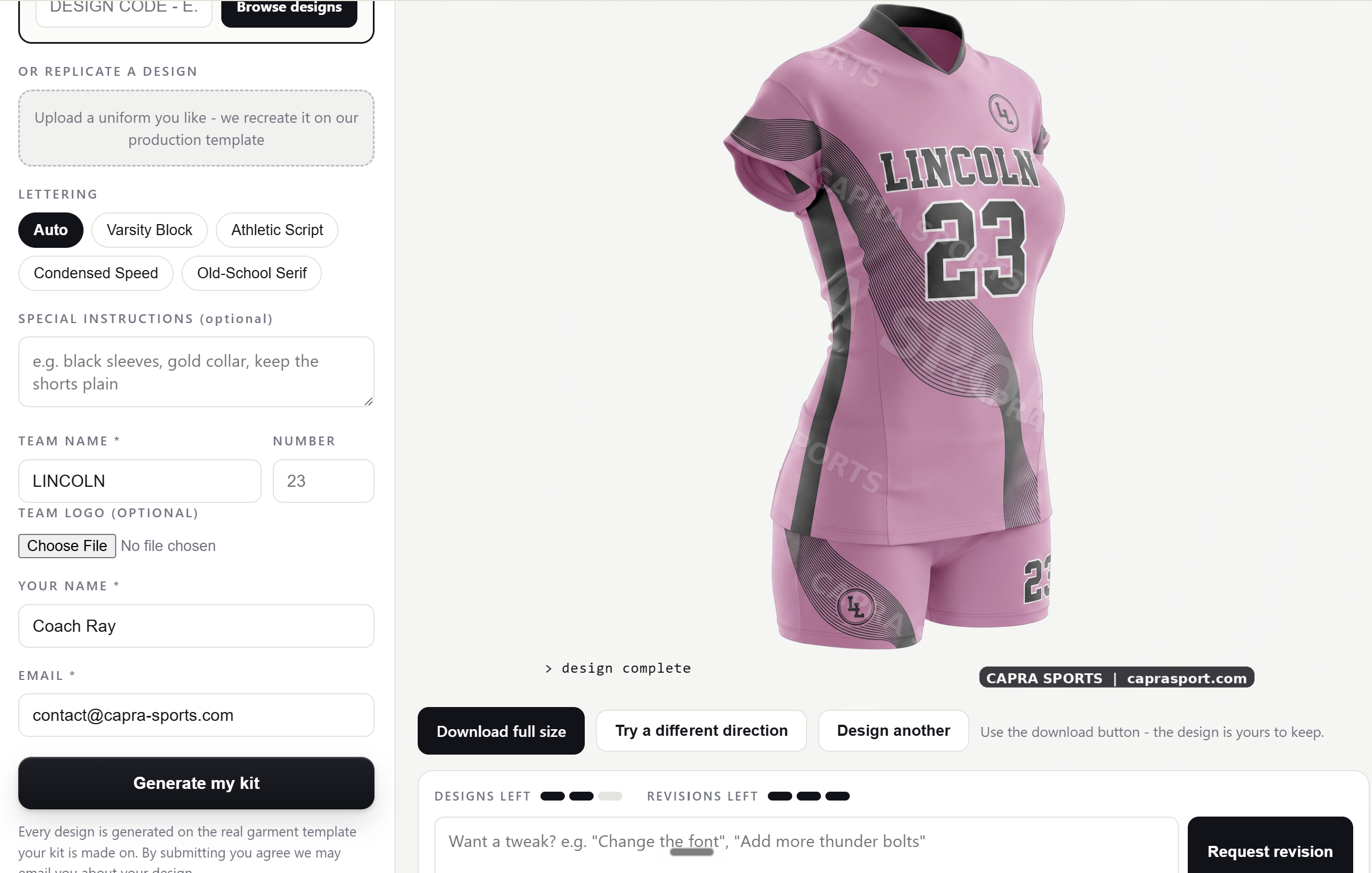 Capra Sports Launches Free AI Uniform Designer That Renders on Real Garments, Not Generic Mockups