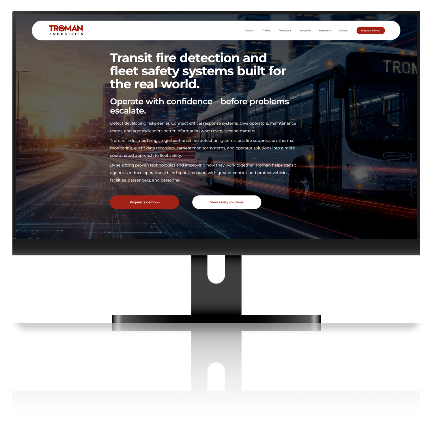 New Troman Industries website puts transit bus fire safety and Trident front and center